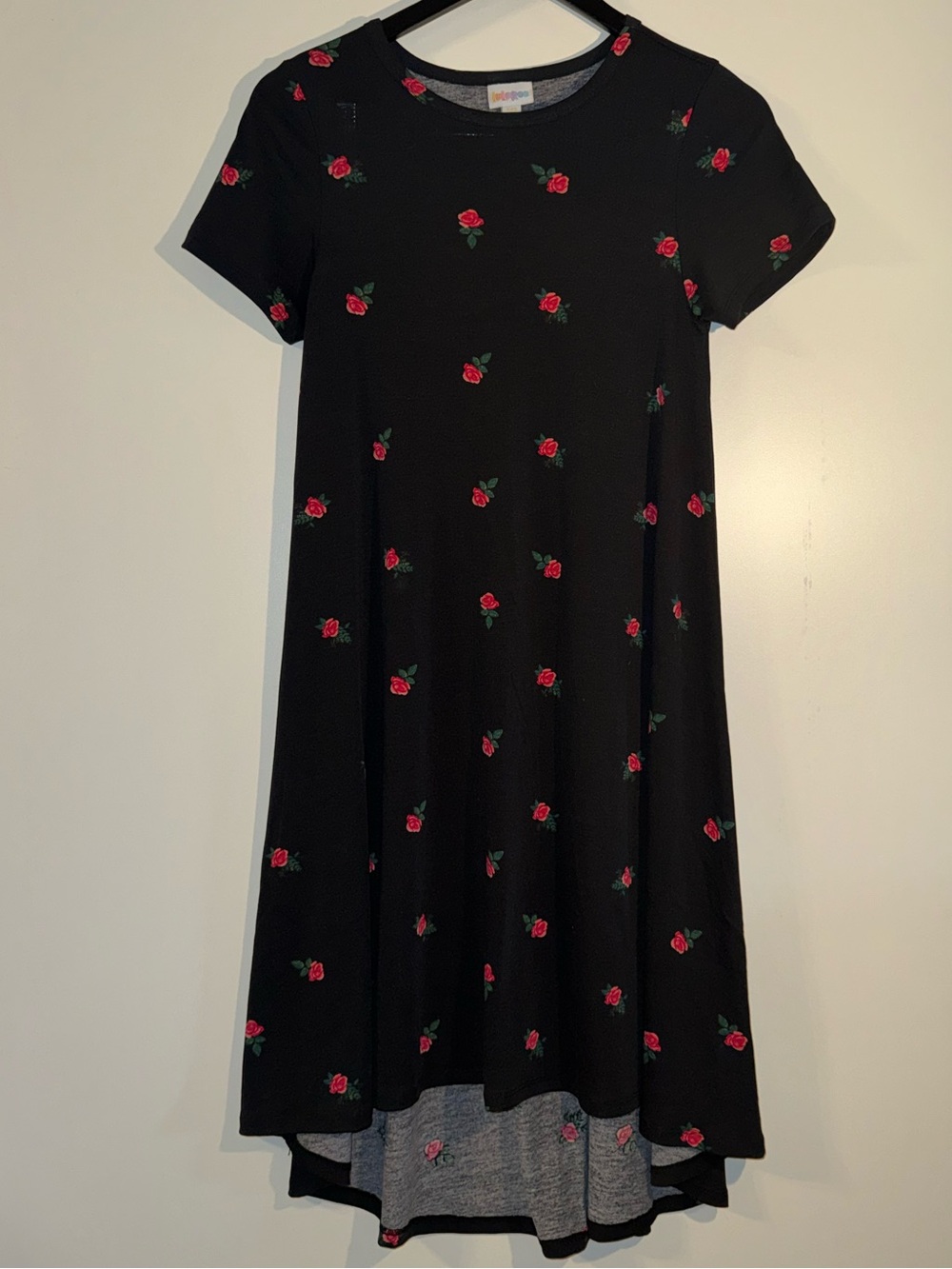 LuLaRoe Carly Black High-Low Dress with Red Rose Print
